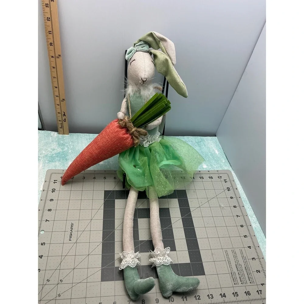 Odellette Easter Bunny Shelf Sitter Green Tutu Velvet Plush Rabbit with Carrot